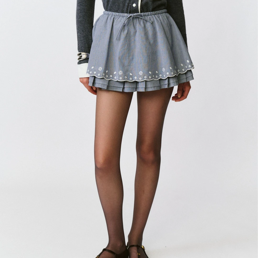 【LOCAT】fordare 格纹镂空刺绣花边短裙  2530Q13133