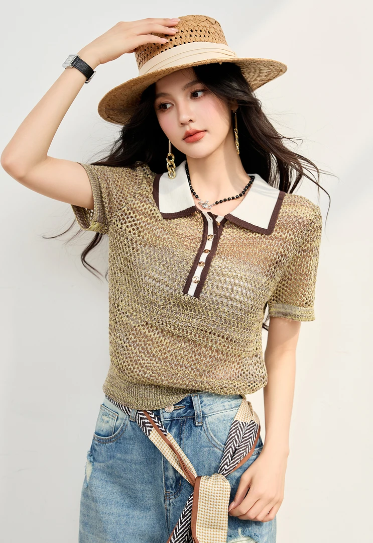 短袖t恤女2025夏镂空小众撞色POLO针织衫别致上衣