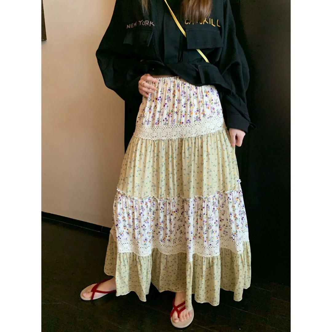 绿藤 早秋田园很仙的碎花拼接大裙摆半身裙Y3912