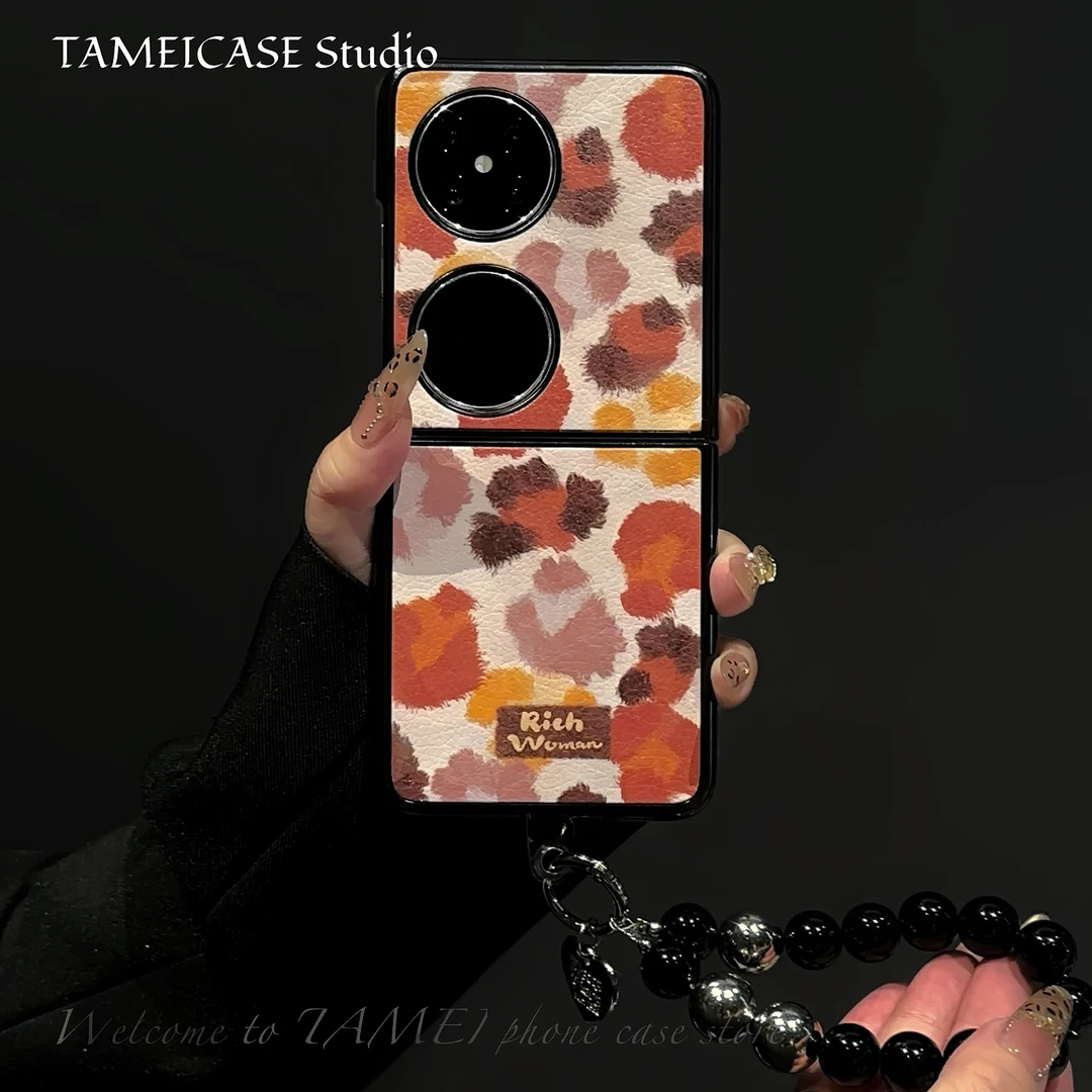 适用华为pocket2手机壳羊皮折叠屏FINDN3FLIP花色豹纹2024高级感