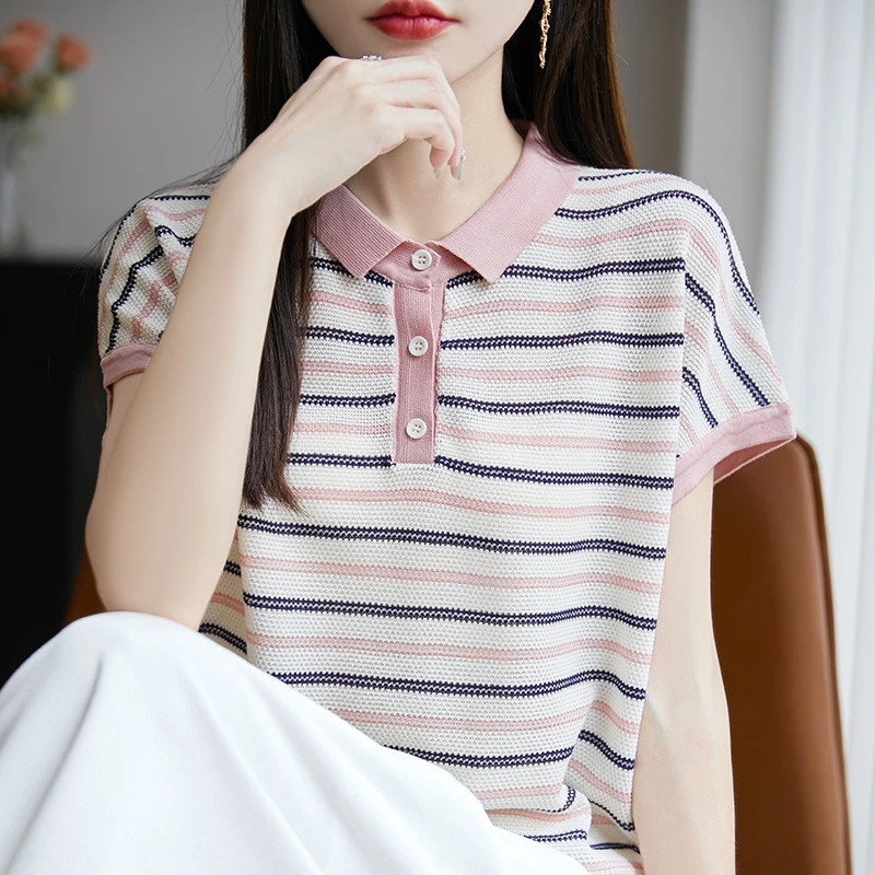 品牌2025夏季新款百搭简约条纹短袖针织衫T恤宽松时尚女翻领上衣