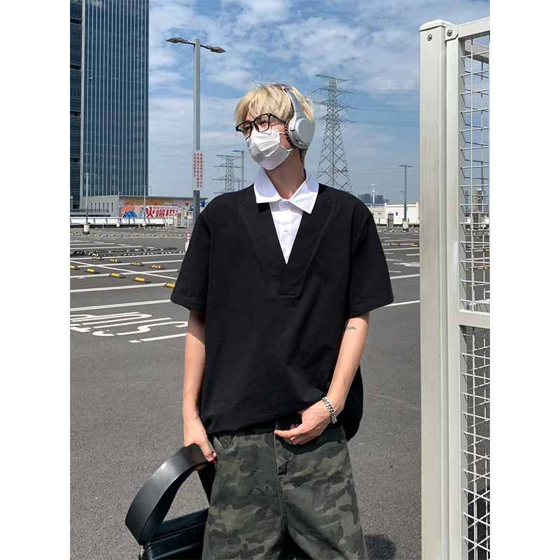 MTVO夏季休闲时尚百搭假两件POLO衫宽松轻奢痞帅男装短袖T恤