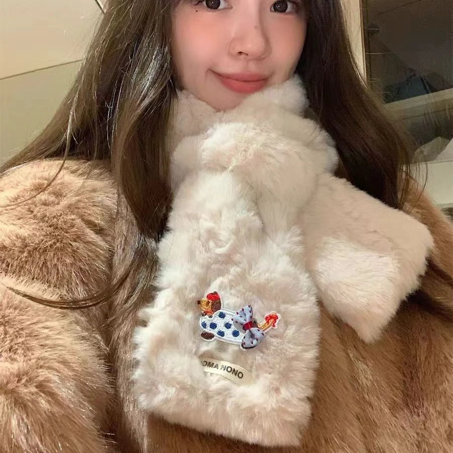 卡通可爱腊肠狗小狗日系加厚围脖冬季毛绒保暖交叉不掉围巾学生pp