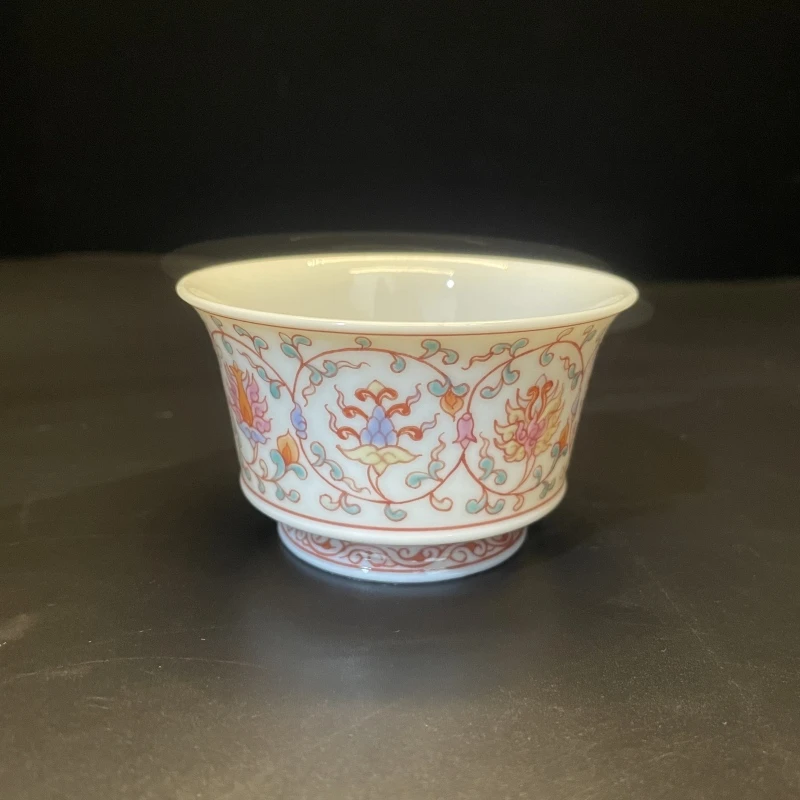 12.28a/N100360/01060/红绿彩缠枝莲马蹄杯/口径7.7/高4.6/75cc