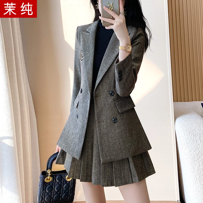 西装外套女灰色小个子韩系小西服短裙两件套气质名媛高级感套装裙