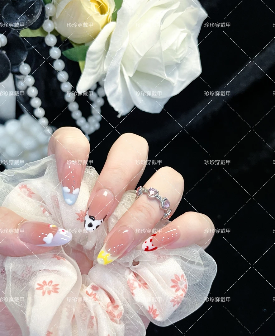 【彩虹云】珍珍手工穿戴甲可爱多巴胺风彩虹云朵法式显白可拆卸美甲