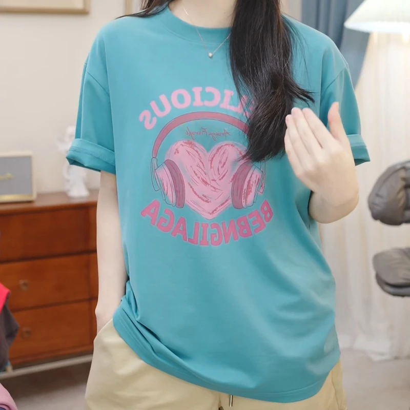 【爱心耳机】百搭美式耳机字母印花圆领上衣宽松短袖T恤LK2506012