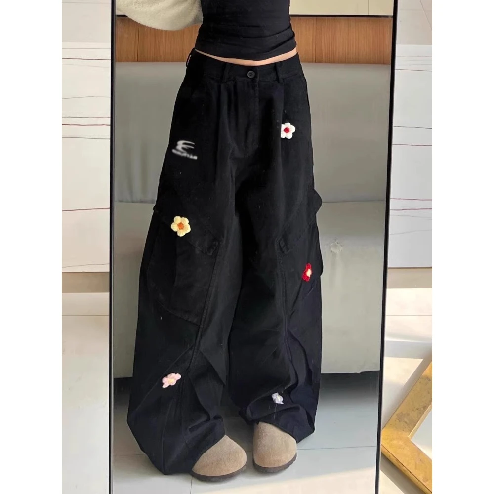 复古多口袋工装牛仔裤女春夏2025新款直筒宽松刺绣美式阔腿伞兵裤