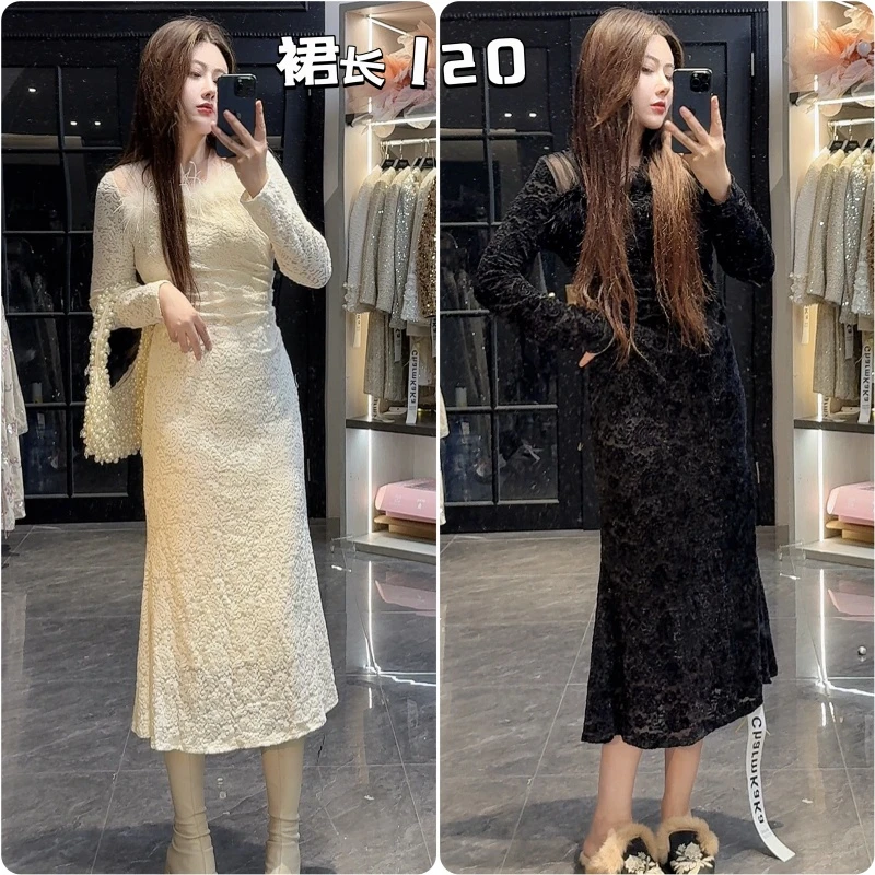 【方寸晚香】63189钩花拼接羽毛镂空鱼尾连衣裙