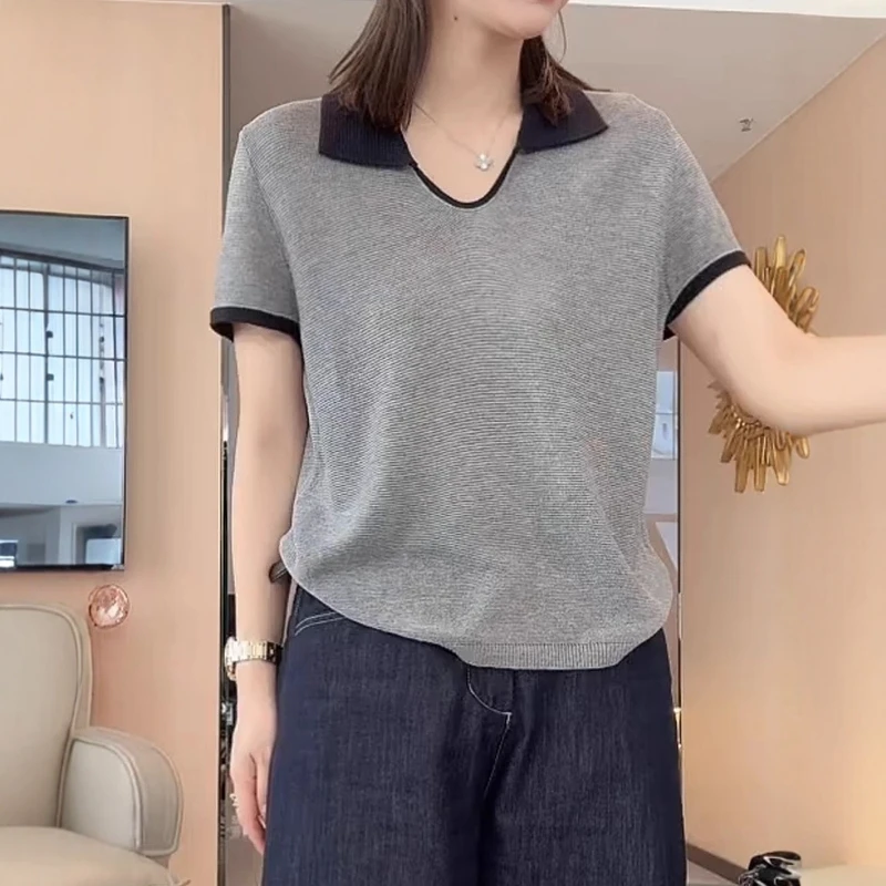 韩版撞色Polo领针织衫女夏季高级感灰色上衣百搭宽松显瘦短袖T恤