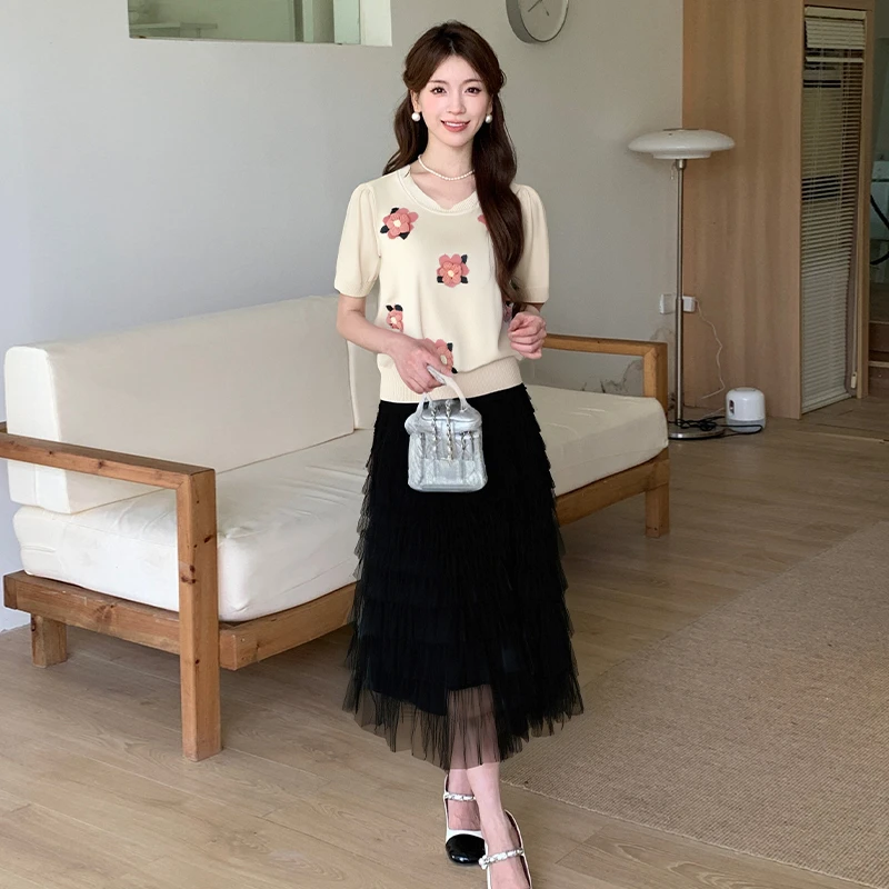 五季家大码胖mm巨显套装女夏季圆领短袖针织上衣半身裙ZL104679