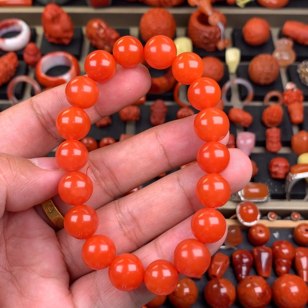 南红玛瑙未镶嵌保山辣椒红圆珠手串11+