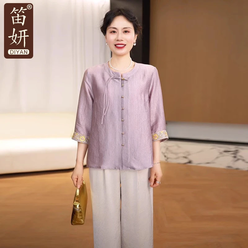 中年妈妈夏装衬衣套装2025新款洋气中老年女装国风上衣裤子两件套