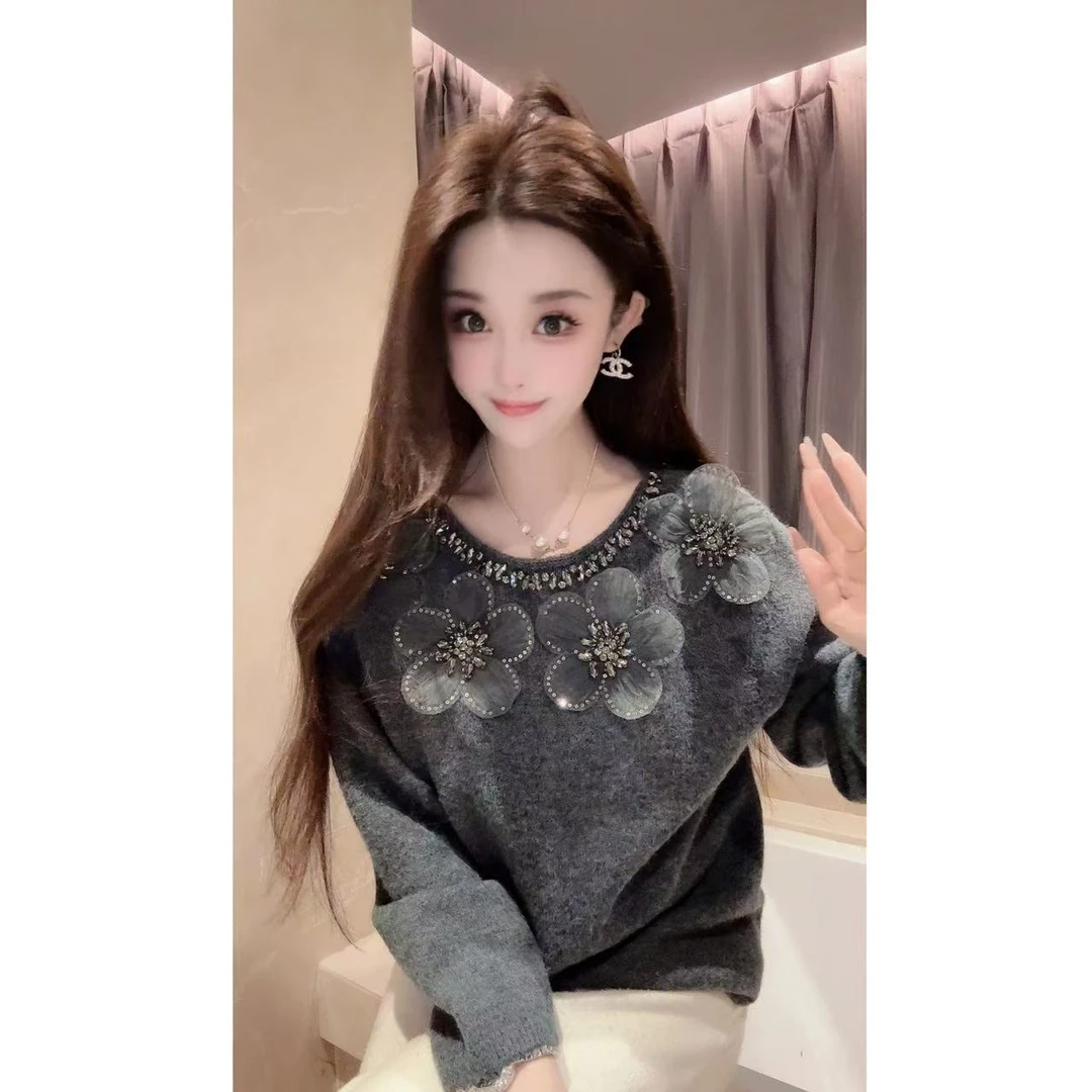 JY&JY橙子大大【忘了花开】重工钉珠手工花朵保暖毛衣上衣 16067