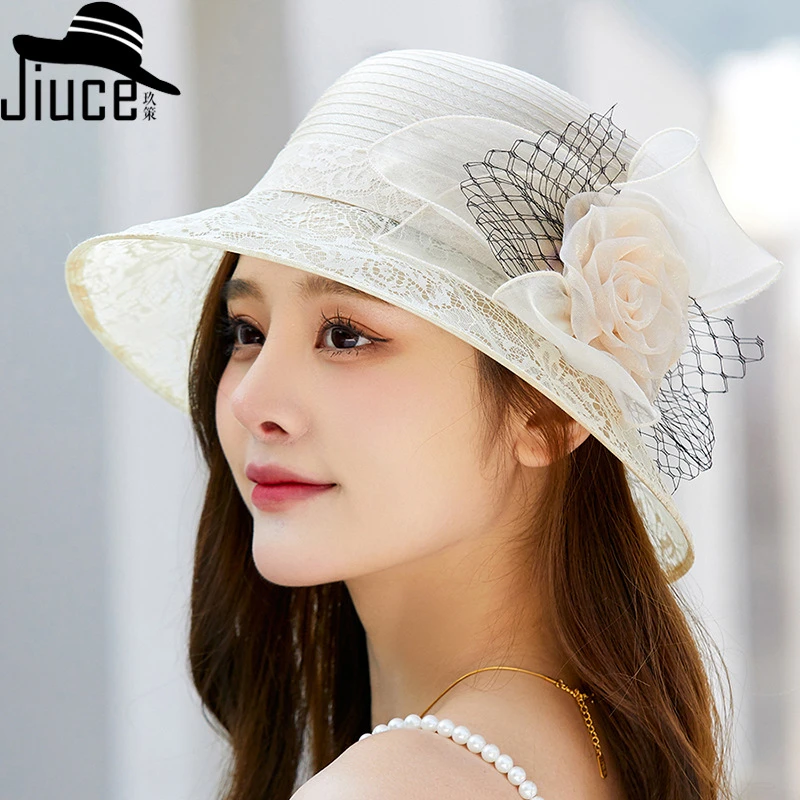 法式礼帽女英伦欧根纱中老年人春夏季花朵优雅防晒帽遮阳蕾丝盆帽