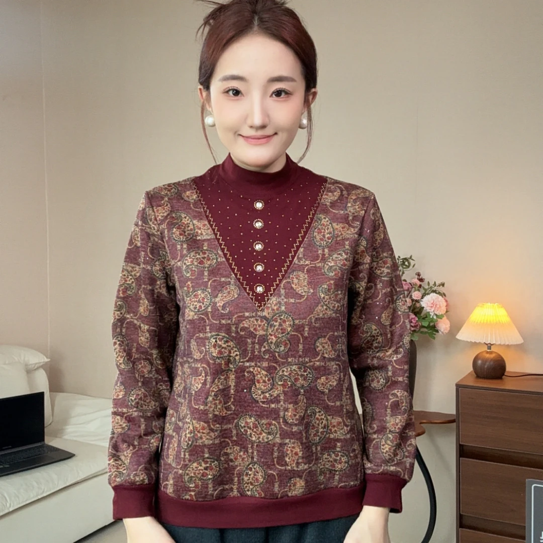 中老年秋季圆领长袖假两件百搭宽松显瘦洋气女装上衣妈妈装秋冬