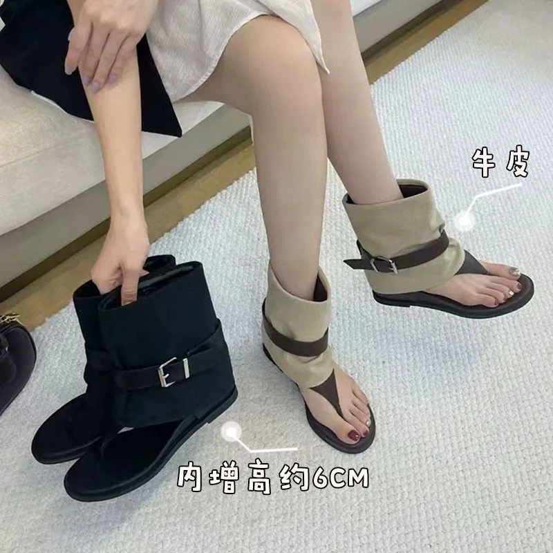 牛皮~内增高罗马风休闲粗跟夹趾凉靴女2025新款夏季配裙子西部靴