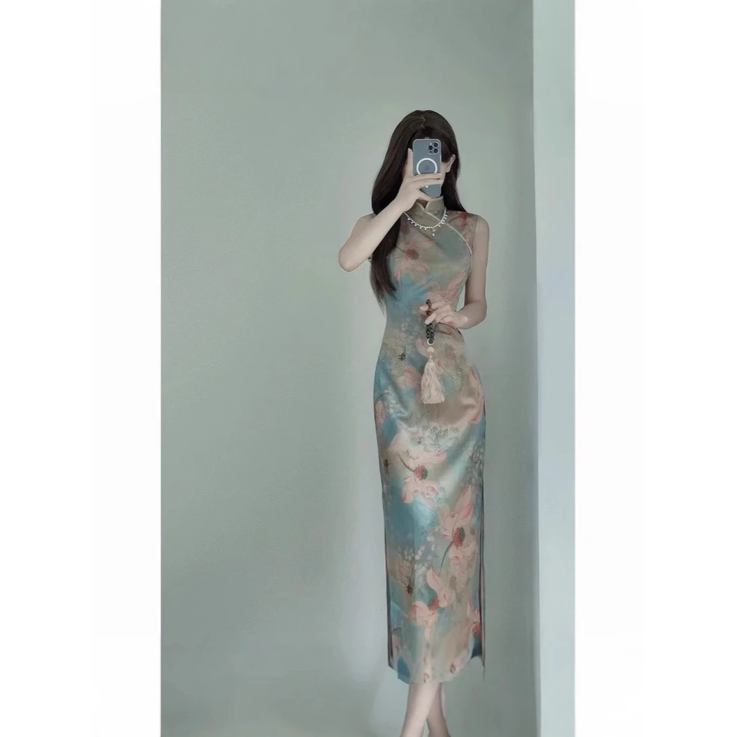 一次回眸~油画印花画报夫人旗袍无袖连衣裙夏季气质显瘦开叉长裙