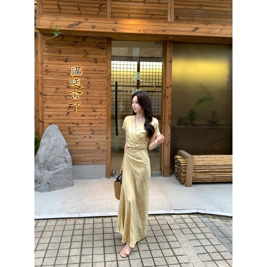 【星仔】高品质-法式浪漫夏款收腰扎染印花亚麻连衣裙