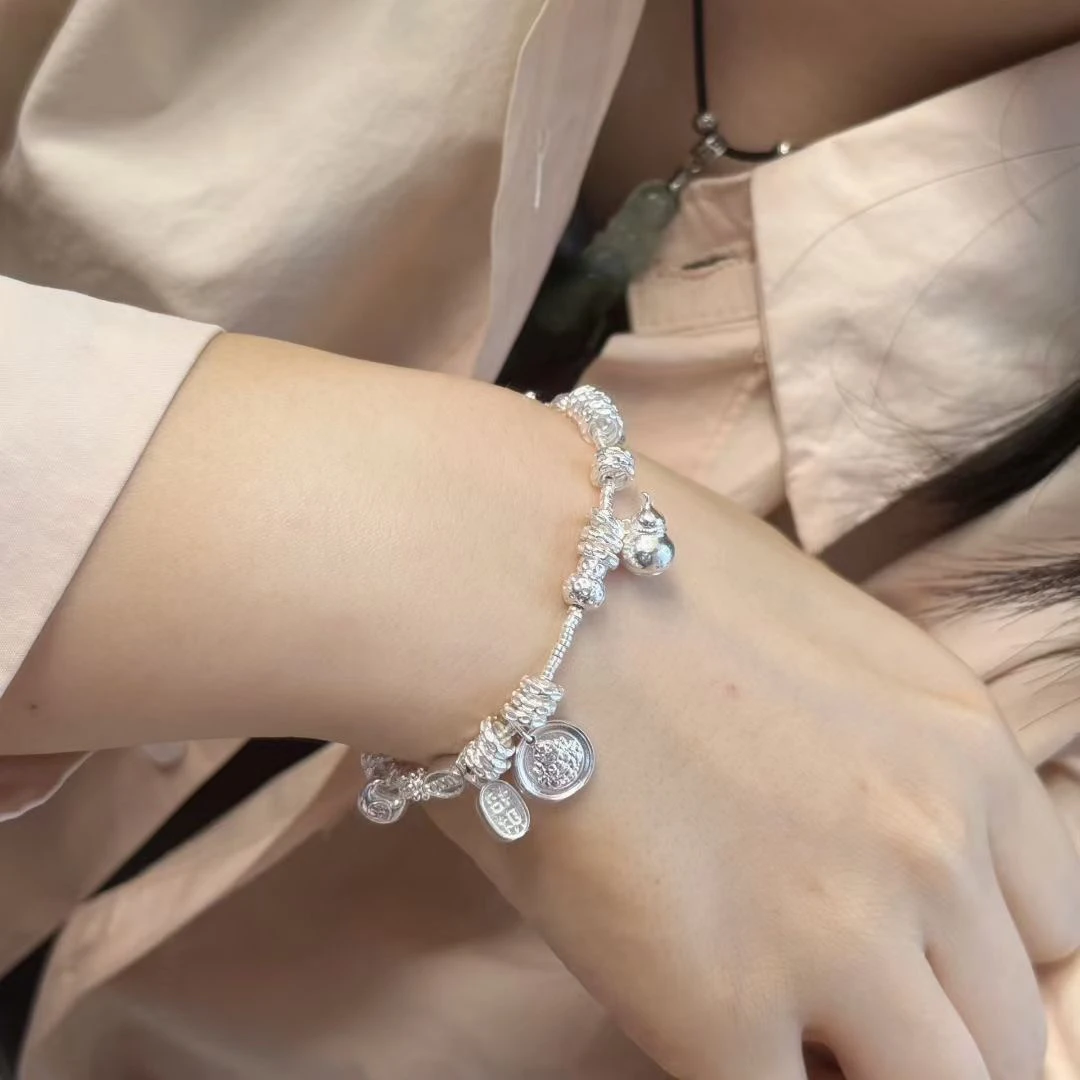 足银手链 纯银盘缠手链足银990黄财神葫芦碎银手工银手链小众精致