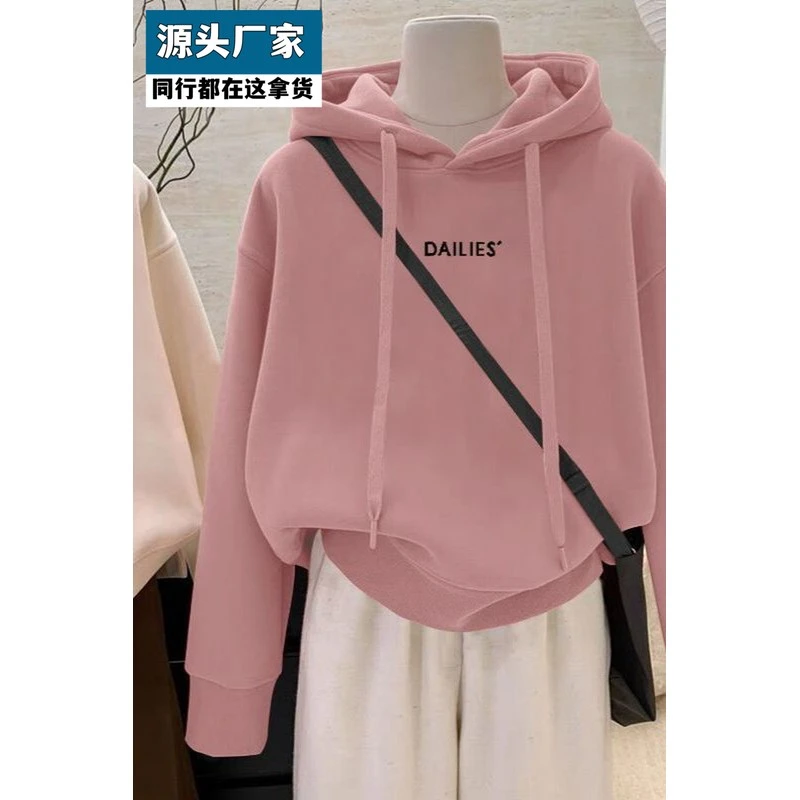 梵乐芬韩版简约小众秋冬新款加绒加厚套头连帽卫衣女短款宽松休闲