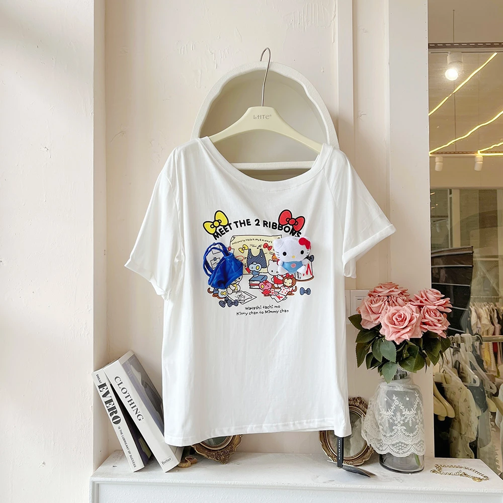 LHTE青青大码女装 夏季甜美卡通动画KT猫短袖T恤C3362白色