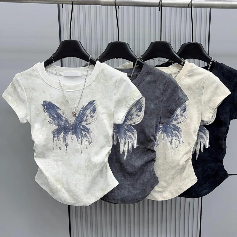 短袖T恤女夏季韩系纯欲新款复古扎染字母印花褶皱短款修身上衣潮