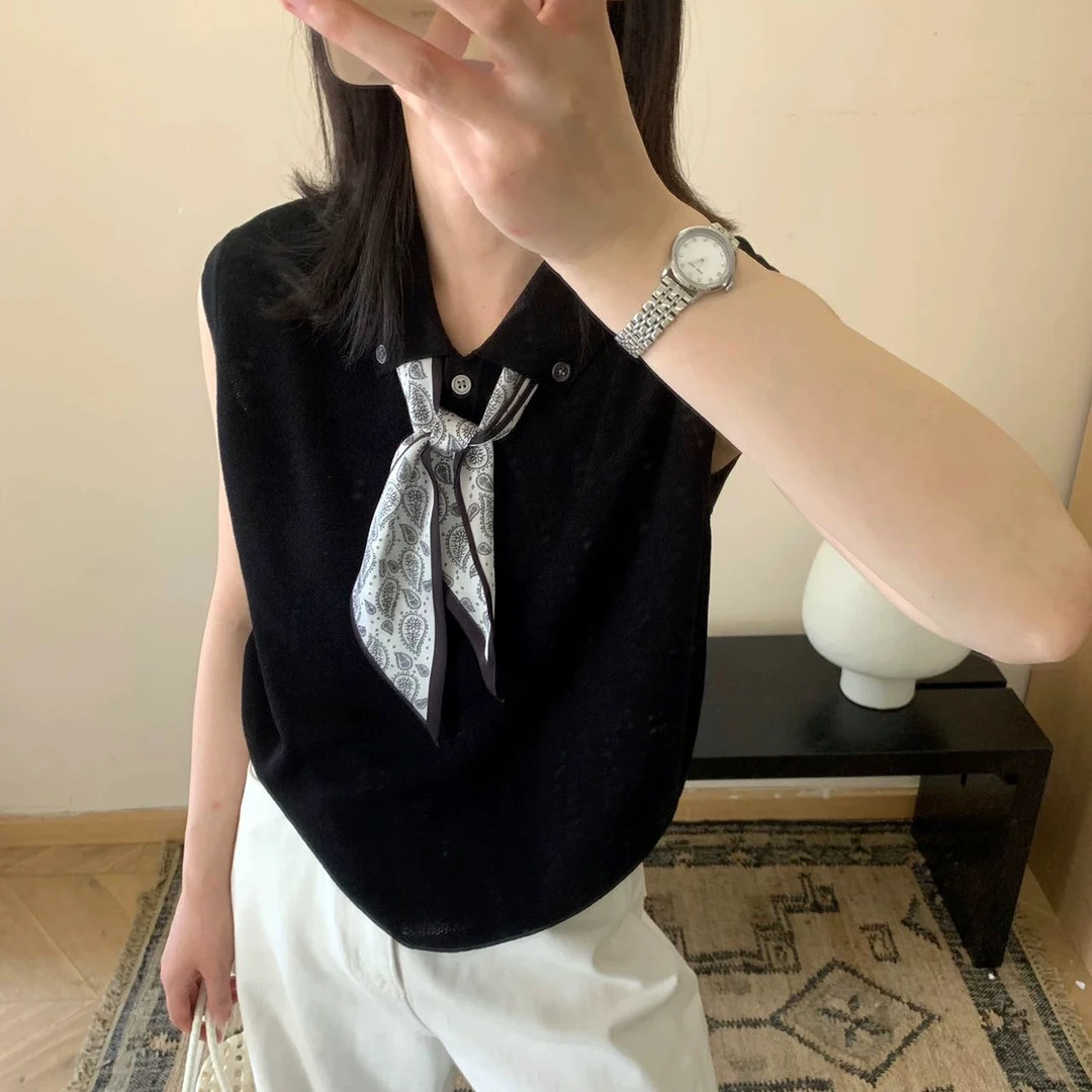 小香风丝巾翻领无袖针织衫女夏季时尚洋气高级感上衣