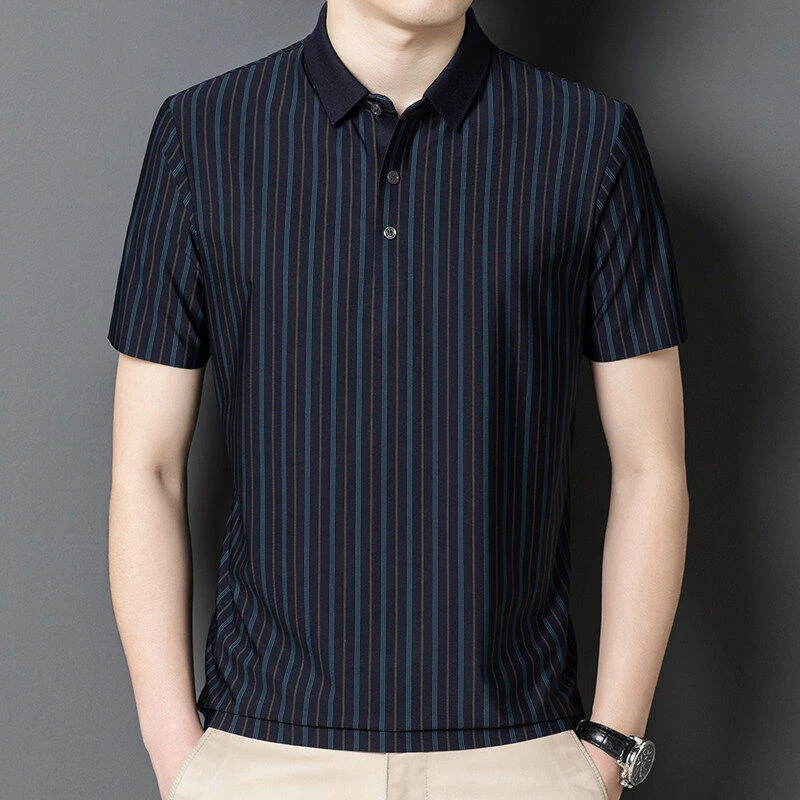 大码透气时尚休闲百搭简约夏季薄款中年男士短袖翻领T恤P半袖高档