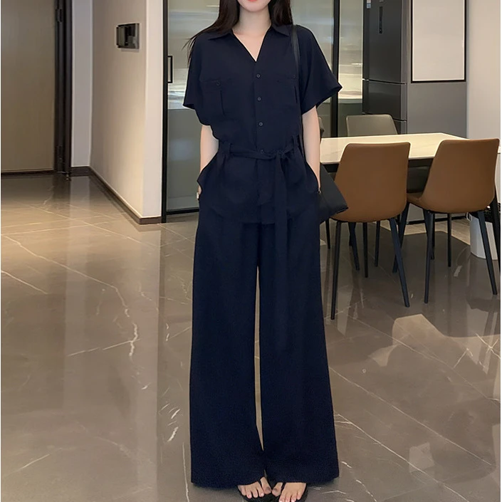 新款韩系短袖衬衫套装女轻熟通勤宽松阔腿裤休闲两件套