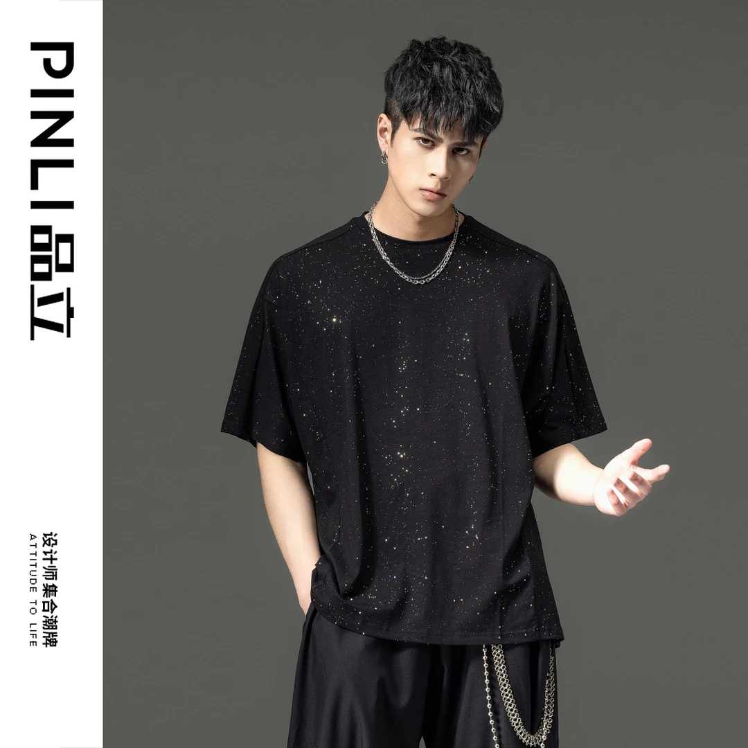 【PINLI品立】男士半袖体恤夏季圆领宽松烫银短袖T恤上衣B242111171