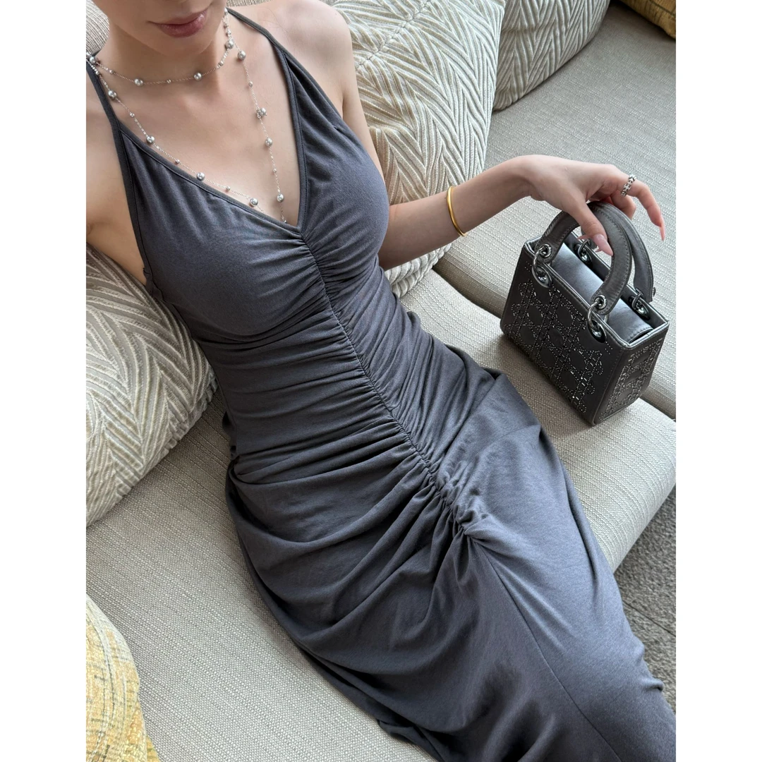 【C位战裙】轻熟性感秋冬深V抽褶显瘦两件套披肩吊带连衣裙长款