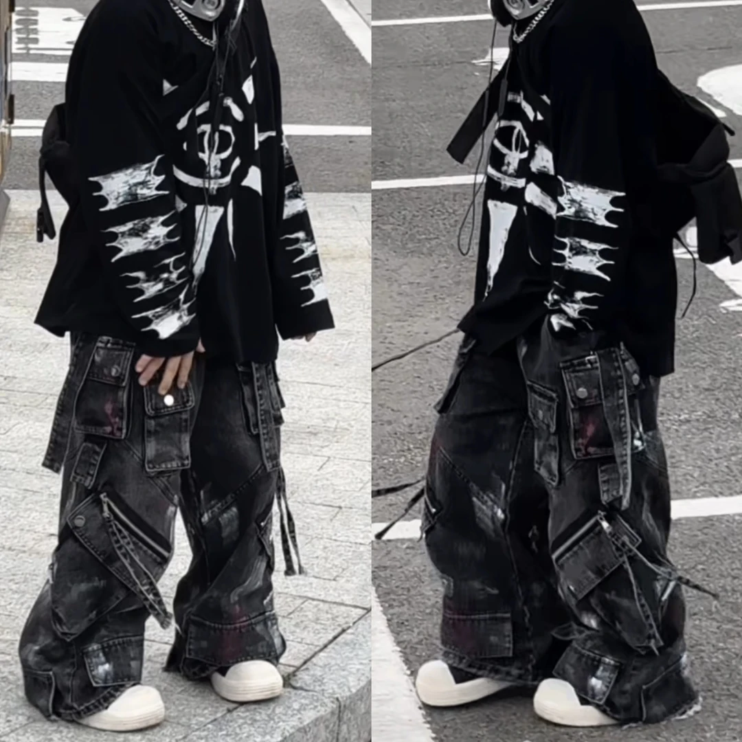 七乐乐家秋冬款新款儿童中腰高街重工多口袋直筒宽松美式牛仔裤