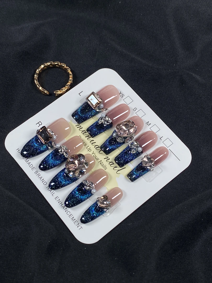 【梦星河】显白深色蓝猫眼气质百搭手工穿戴甲蓝色-1