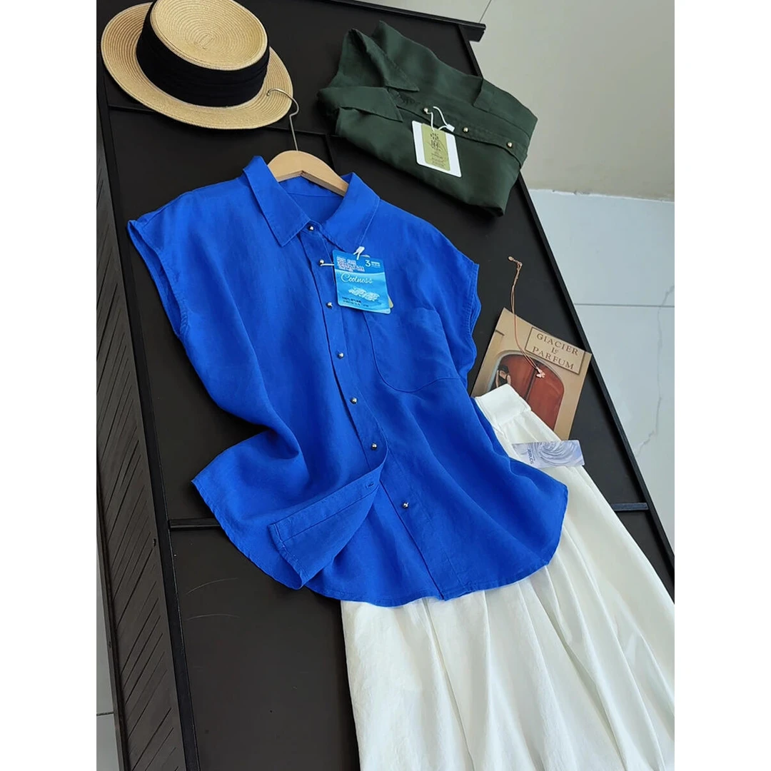 25高货重工质感小飞袖天丝亚麻高端宽松衬衫女小金扣夏翻领短袖