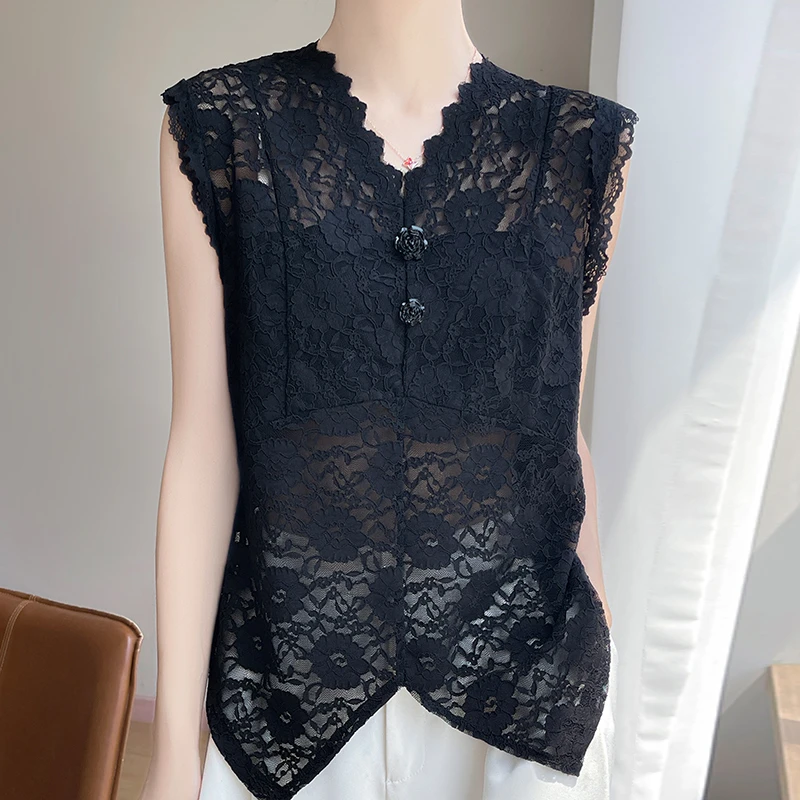 黑色V领类似吊带背心外穿洋气无袖修身显身材上衣叠穿新款镂空百