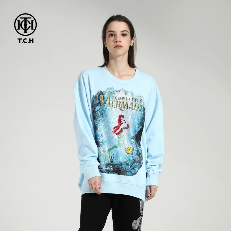 TCH服饰店播-美人鱼童话字母圆领蓝色卫衣T21311C6003