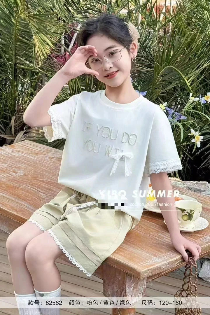 2025夏款新款8231时尚可爱简约中大童 女童短裤短袖套装