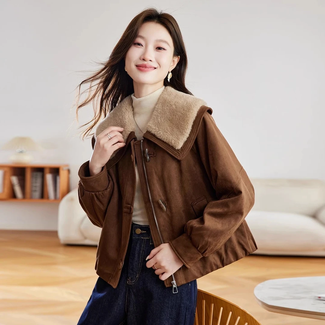秋冬新款1599加棉加厚毛绒外套女短款毛绒领夹棉保暖棉衣棉服