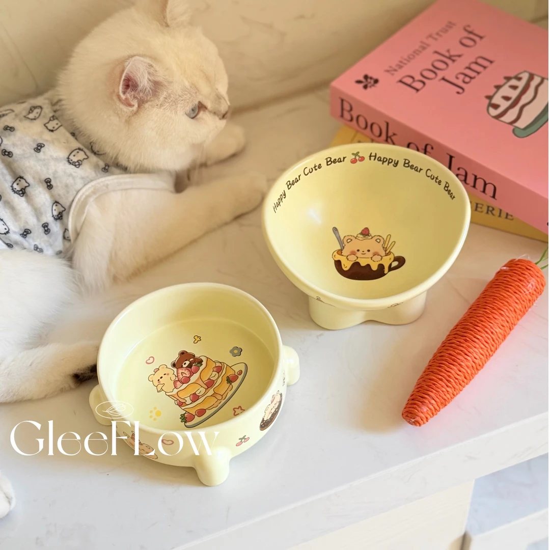 【黄色蛋糕熊】可爱陶瓷宠物猫碗狗碗食盆粮碗双碗猫咪饭盆防打翻