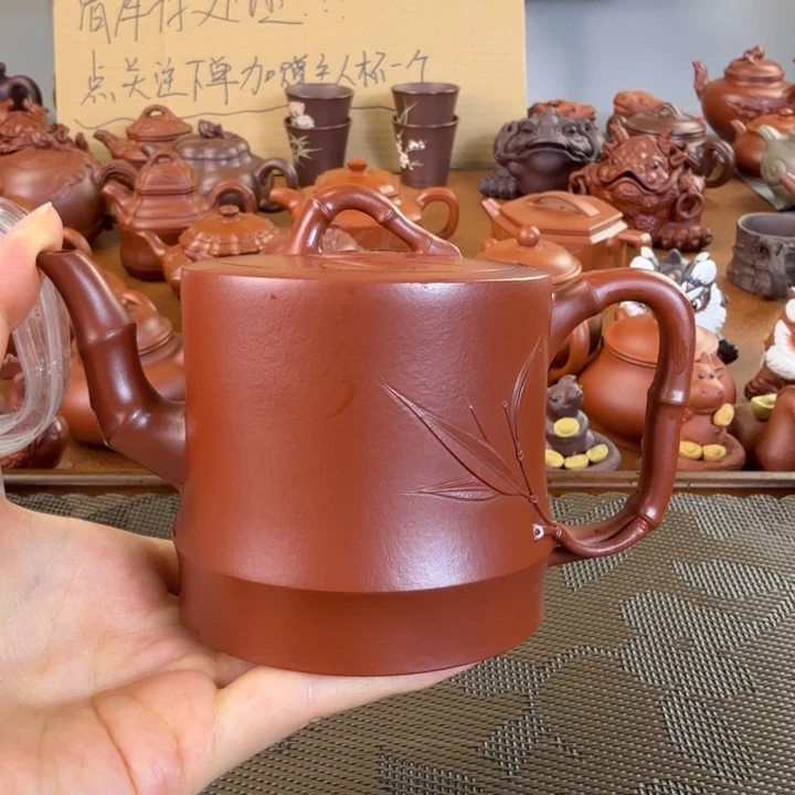 紫砂茶壶朱泥全手高竹节250毫升