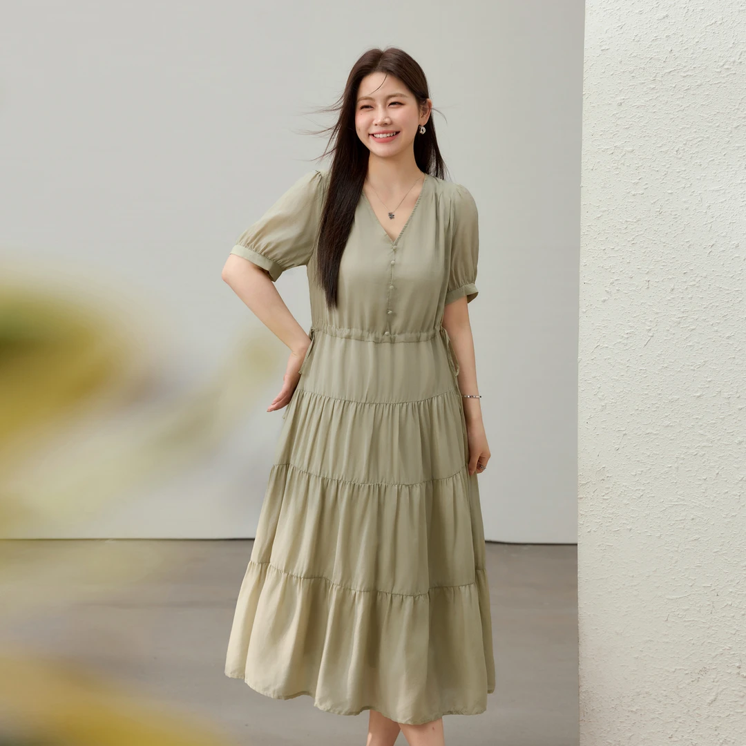 【时尚百搭】纤莉秀大码女装莱赛尔时尚减龄连衣裙QI3400