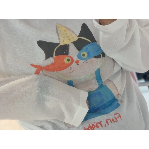 배추❤️菜菜的hi调皮小猫百搭白色长袖T恤ins超凉快宽松夏季