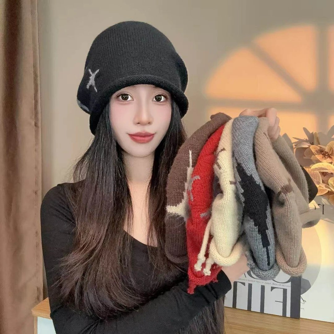 秋冬防寒堆堆帽针织女士保暖帽网红大头显脸小百搭护耳打卡帽子