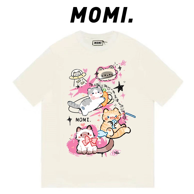 【MOMI】现货！顽皮小猫260克纯棉重磅短袖女男宽松休闲百搭T恤