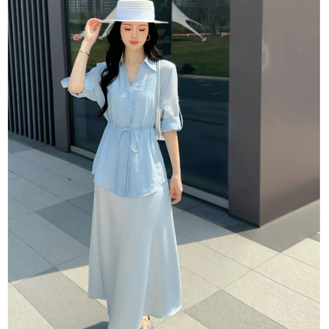 遮肚显瘦吊带连衣裙2025夏季新款收腰气质减龄时尚衬衫两件套