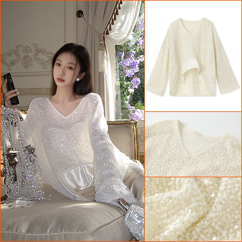现货白色轻国风亮片法式上衣2025秋季新款高端时尚宽松衬衫长袖女