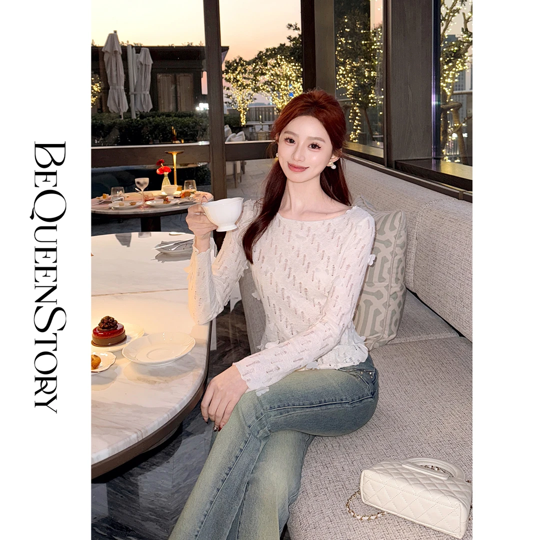 余潇潇【晴空蝶舞】轻奢时尚后背拼接蕾丝立体蝴蝶针织衫