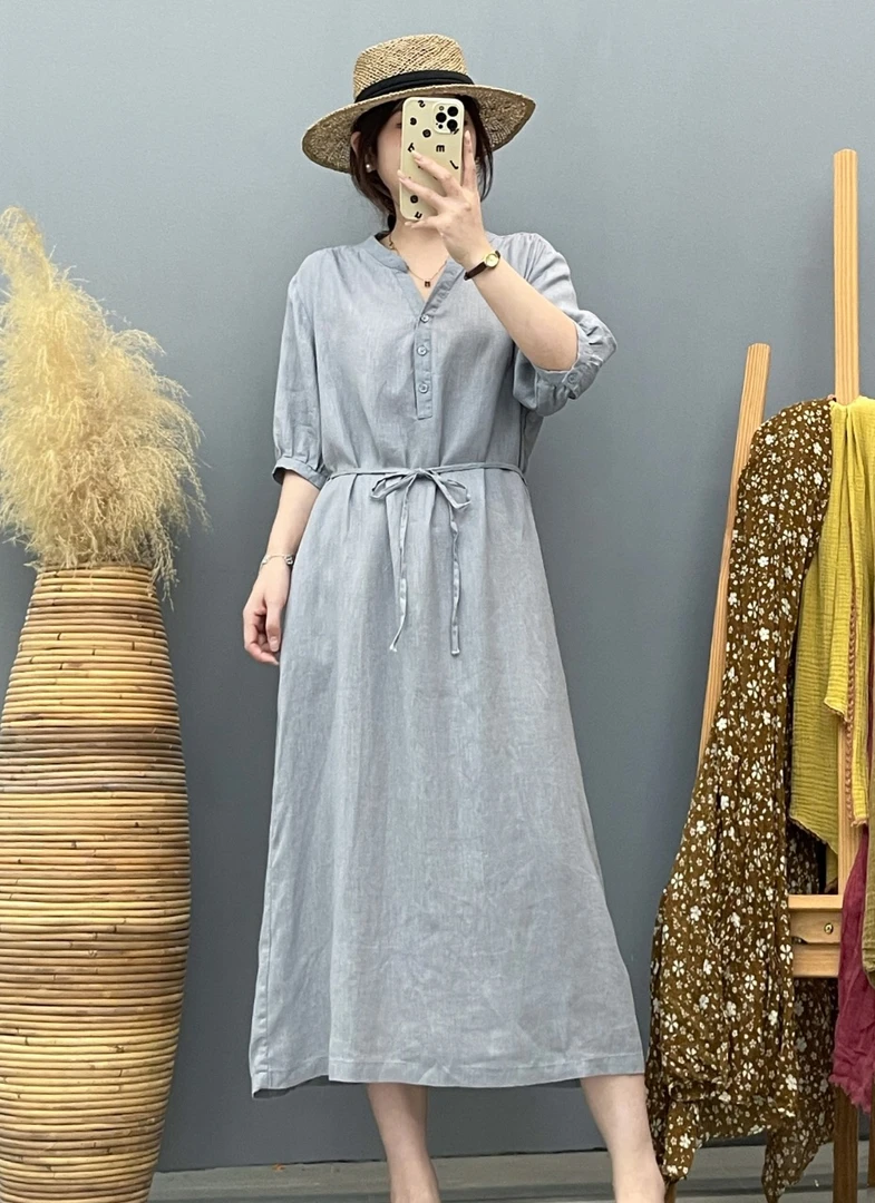 【100纯亚麻】腰间系带连衣裙纯色洋气百搭气质文艺长裙显瘦21230