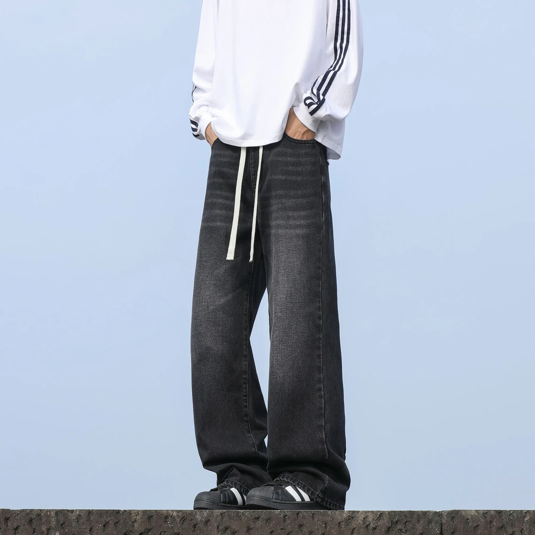 美式休闲cleanfit竹节纹牛仔裤男款宽松阔腿复古男女同款直筒裤子